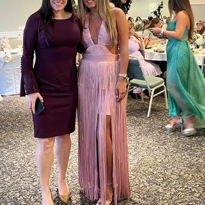 Herve Leger Fringe Cutout Maxi Gown Bandage Dusty Light Pink Dress